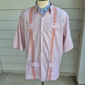 SAN CRISTOBAL Guayberas Orange White Plaid Embroidered XXL Short Sleeve Shirt‎
